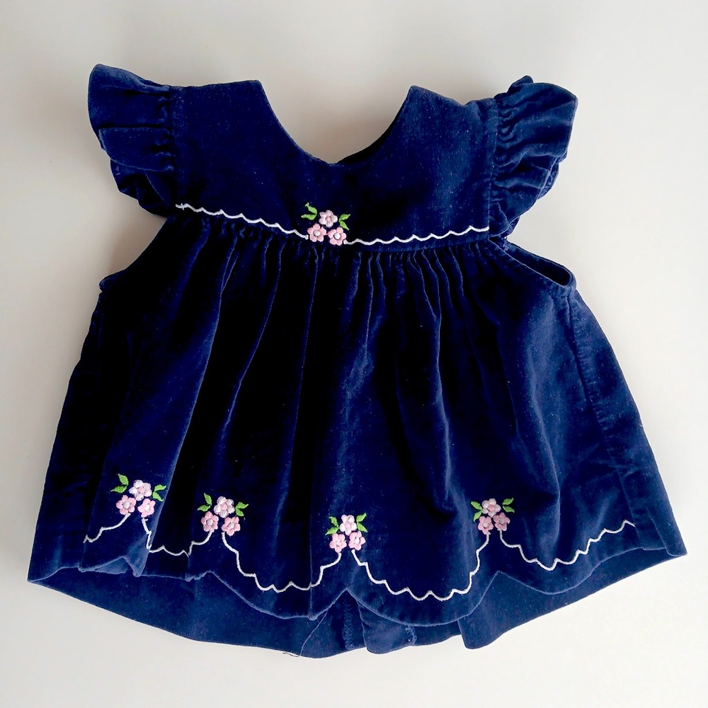 Vintage 1980s Navy Velvet BabyGirl Dress Embroidered Made in Philippeans